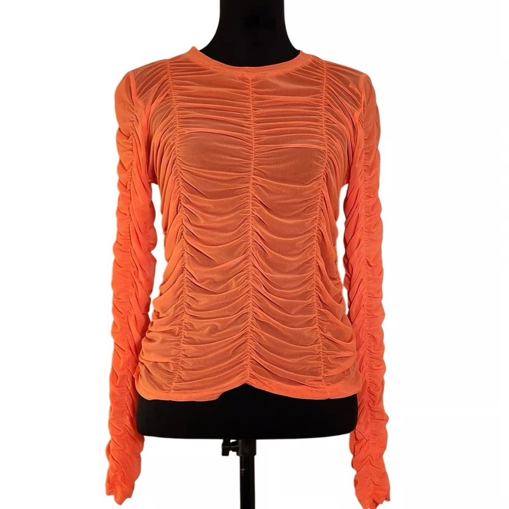 Davi & Dani Neon Orange Mesh Long Sleeve Ruched Stretchy Top Size Small NWT